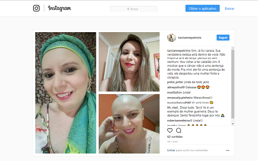 Postagem de Tarcianne Patrício com colagem de fotos em dois momentos distintos do tratamento: com cabelo e sem cabelo (Acervo pessoal)