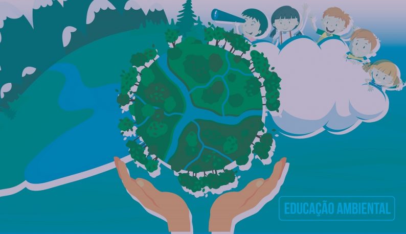 Ilustração em tons verdes e azuis de mãos segurando uma esfera de árvores e rios. Há desenhos de crianças ao fundo (Arte: David Mota/UFC)