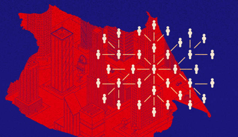 Arte grafica com o mapa de Fortaleza em vermelho e representações da população