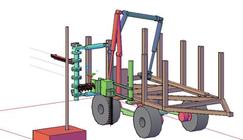 Desenho computadorizado mostra uma estrutura como a de uma carroça com barras na lateral direita para a realização de tarefas específicas, como perfuração de solo, instalação de estacas e fixação do arame (Reprodução)