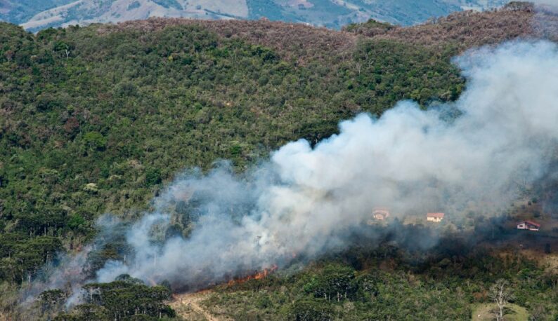 Foto aérea mostra uma grande área verde com um ponto de incêndio na parte inferior esquerda, e muita fumaça branca ocupando parte da imagem (Foto: Fundação Matutu)