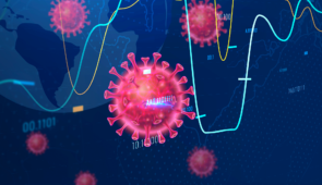 Ilustração do coronavírus próximo a linhas de gráfico