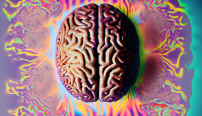 Imagem feita por Inteligência Artificial mostra ao centro um cérebro visto por cima, rodeado de cores fortes, em estilo psicodélico