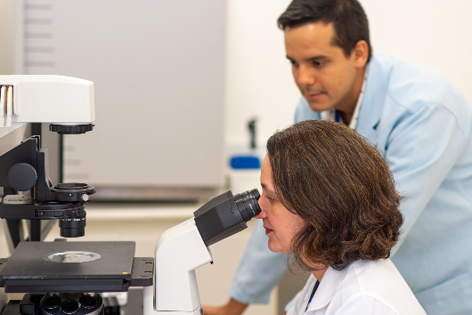 Em primeiro plano, pesquisadora utilizando jaleco branco olha por um microscópio, enquanto é observada, em segundo plano, por um pesquisador de jaleco azul (Foto: Viktor Braga)