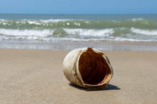 Foto de resíduo plástico sobre a areia, em frente ao mar