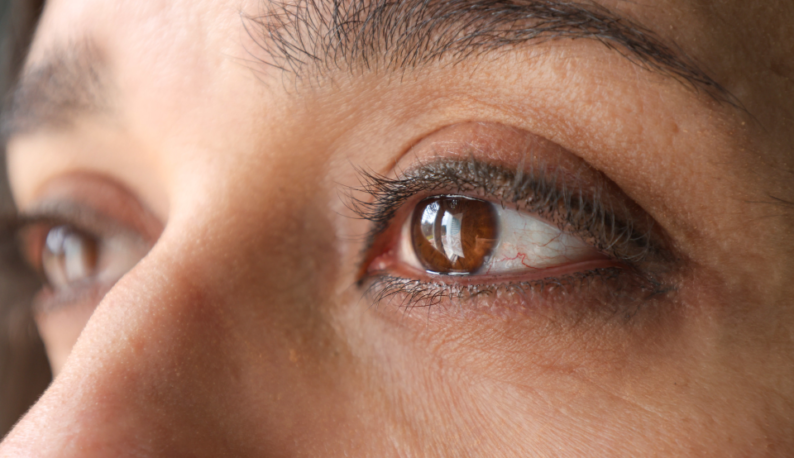 Foto de um rosto com destaque para o olho, observando o horizonte