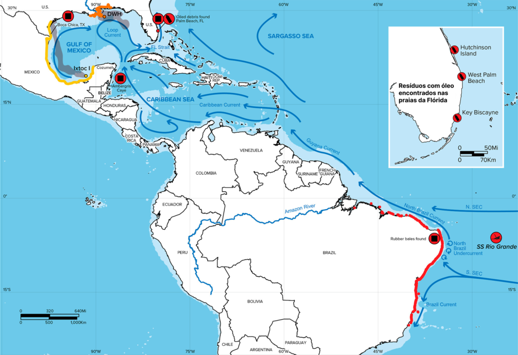 Mapa dos avistamentos de resíduos com óleo e fardos de borracha